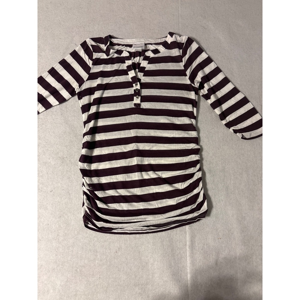 Motherhood Maternity Henley Top Womens S Purple White Striped Ruched 3/4 Sleeve